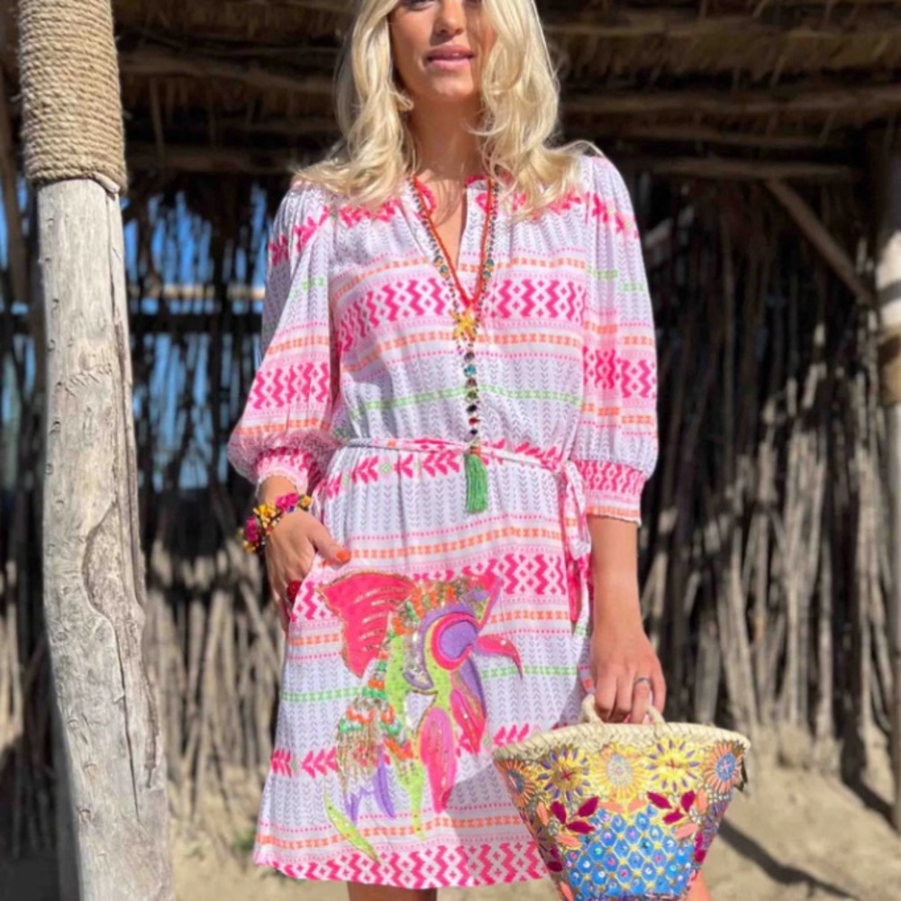 Dress pink orange green purple and white with sequin detailing. Sleeves